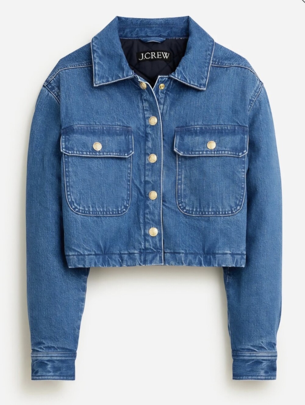 J. Crew Women's Cropped Denim Puffer Jacket with Gold Buttons